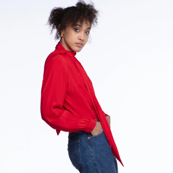 Vintage ADOLFO 100% Silk Cherry Red Tie Neck Long Sleeve Blouse Size Small - Picture 7 of 11